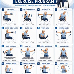 May include: A Senior Seated Dumbbell Exercise Program chart featuring sixteen numbered illustrations of a person in a blue shirt performing various seated dumbbell exercises. The poster includes text instructions, rep and set counts, benefits, and tips.