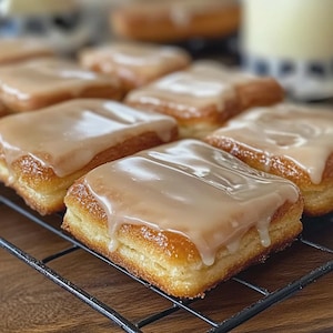 May include: A selection of square pastries with a golden-brown crust and a light brown, glossy glaze. The pastries are arranged on a black wire rack. The image is focused on the pastries, suggesting a bakery or dessert theme, with some out of focus in the background.