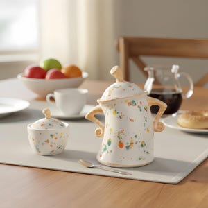 May include: A white ceramic sugar bowl and creamer set with a speckled paint design in various colors. The creamer has handles and a lid, while the sugar bowl has a small lid. A spoon rests on the table.