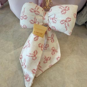 May include: A white fabric bow with a red bow pattern, attached to a gold clasp. A small, tan tube of Laneige lip balm is tucked into a pocket on the bow. The bow is attached to a pink bag.