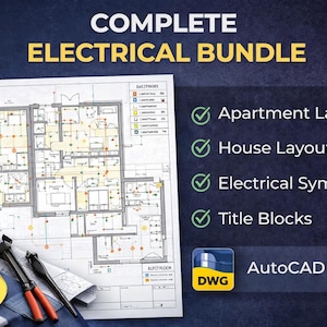 May include: An image showcasing a complete electrical bundle with the text "COMPLETE ELECTRICAL BUNDLE". The image includes an apartment layout, house layout, electrical symbols, and title blocks. A yellow hard hat and tools are also visible.