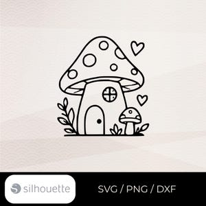 Könnte beinhalten: Eine schwarz-weiße Strichzeichnung eines Pilzhauses mit einem großen gepunkteten Hut, einer kleinen gewölbten Tür, einem runden Fenster und einem kleineren Pilz daneben. Das Design enthält zwei kleine Herzen und blättrige Zweige an den Seiten.