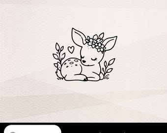 花冠をつけた子鹿のSVG、かわいい横たわる鹿、森の動物のプロッターファイル、SVG PNG dxf Cricut Silhouette