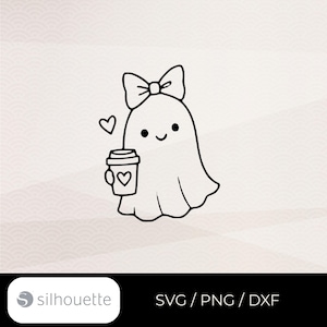 May include: A black and white line art illustration of a ghost wearing a large bow on its head. The ghost has a smiling face, holds a coffee cup with a heart design, and has a small heart floating next to it. Text at the bottom reads SVG PNG DXF.