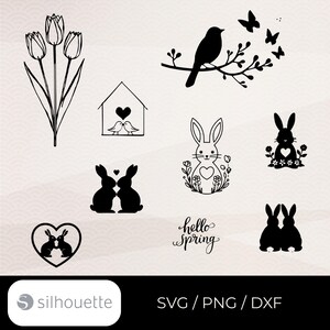 Puede incluir: Una colección de gráficos vectoriales en blanco y negro con temática primaveral. Los diseños incluyen tulipanes, un pájaro en una rama con mariposas, una casa para pájaros con corazones, conejos y la frase "hello spring". Las imágenes están en formatos SVG, PNG y DXF.