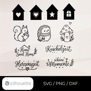 Könnte beinhalten: Eine Sammlung schwarzer digitaler Grafiken mit vier Haussilhouetten mit verschiedenen Ausschnitten, einem Eichhörnchen mit Eichel, einem Igel mit Schal, einem Pilz und vier Schriftzügen: Home Sweet Home, Kuschelzeit, Herzenszeit und schöne Momente.