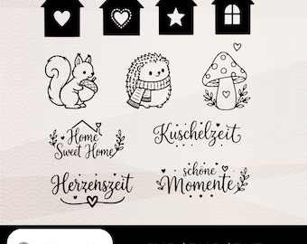ホーム＆カドルタイムSVGバンドル、11デザイン：家、森の動物、文字、SVG PNG dxfプロッターファイル、Cricut Silhouette対応