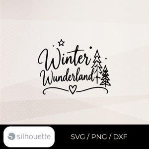 May include: A black digital graphic design featuring the text Winter Wunderland in a cursive script font. The design includes two stylized pine trees, a small star, a heart icon, and decorative dots on a light background.