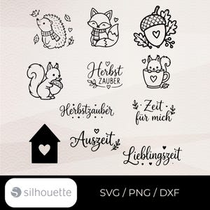 May include: A collection of black line art illustrations featuring a hedgehog, fox, acorn, squirrel, and a house icon with a heart. Includes German text phrases: Herbstzauber, Zeit für mich, Auszeit, and Lieblingszeit, all presented in a clean, graphic style.
