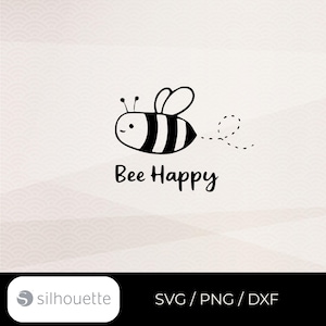 May include: A black and white cartoon bee with the text "Bee Happy" on a light beige background. The bee has a smiling face and a dotted line trailing behind it. The image is a digital design.