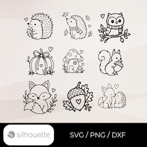May include: A collection of nine black and white line art illustrations featuring a hedgehog, a hedgehog with a scarf, an owl on a branch, a pumpkin with a bow, a mushroom house, a squirrel with an acorn, a fox, an acorn, and a fox with a hedgehog.