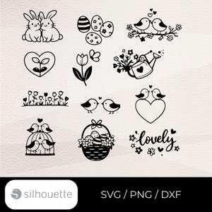 Plotterdatei Spring Easter Set Frühling Blumen Vögel...SVG PNG DXF Silhouette Handlettering Deko Wandtattoo Cricut