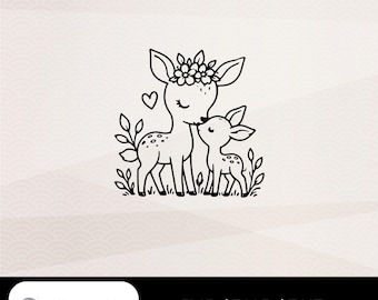 子鹿と雌鹿のSVG、鹿の家族、森の動物のプロッターファイル、母鹿と子鹿、SVG PNG dxf Cricut Silhouette