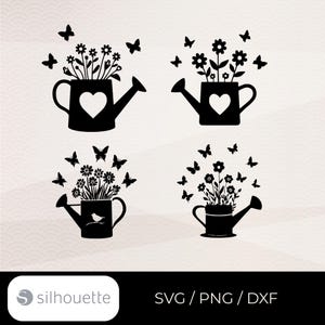 May include: Black silhouette designs of watering cans filled with flowers and butterflies. One can has a heart, another a bird. The image includes the text "SVG / PNG / DXF" and the Silhouette logo.