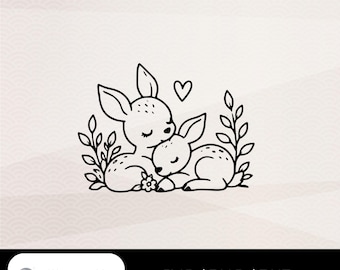 眠っている子鹿と雌鹿のSVG、母鹿と子鹿、森の動物ファミリーのプロッターファイル、SVG PNG dxf Cricut Silhouette