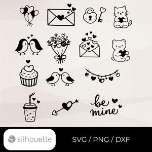 May include: Black and white line art illustrations of Valentine's Day themed objects. Includes hearts, envelopes, a cat, a bear, birds, a cupcake, a bouquet, a drink, an arrow, and the words "be mine".