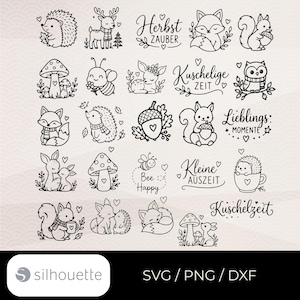 May include: A collection of black and white line art illustrations featuring woodland animals like hedgehogs, foxes, squirrels, and deer, along with mushrooms, acorns, and bees. The text includes phrases like Herbst ZAUBER, Kuschelige ZEIT, Lieblings MOMENTE, Kleine AUSZEIT, Bee Happy, and Kuschelzeit.