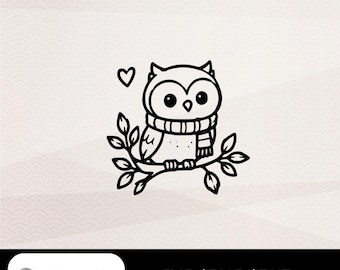 かわいいフクロウとスカーフのSVG、秋のプロッターファイル、森の動物の秋、SVG PNG dxf、Cricut Silhouetteダウンロード