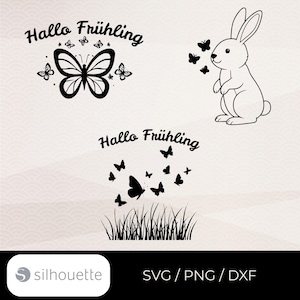 Puede incluir: Ilustración digital en blanco y negro con una mariposa, un conejo y hierba con mariposas. El texto "Hallo Frühling" está encima de las imágenes. El texto "SVG / PNG / DXF" está en la esquina inferior derecha.