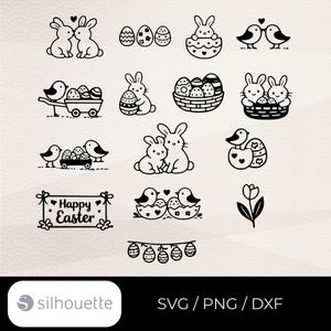 May include: A collection of black and white Easter-themed illustrations, including bunnies, eggs, birds, and floral designs. Features a banner with "Happy Easter" text and a string of decorated eggs. Suitable for SVG, PNG, and DXF formats.
