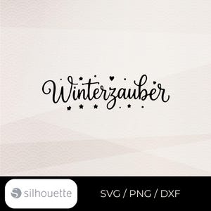 May include: A black digital graphic design featuring the word Winterzauber in a cursive script font, decorated with small stars, hearts, and dots above and below the text. The design is presented on a light background with a subtle pattern.