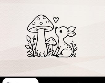 キノコを持った子鹿のSVG、かわいい森の動物の鹿、森とキノコのプロッターファイル、SVG PNG dxf Cricut Silhouette