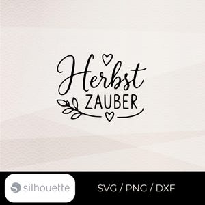 May include: A black digital graphic design featuring the text Herbst ZAUBER in a combination of cursive and sans-serif fonts. The design includes two small heart outlines and a decorative leafy branch element positioned below the text.