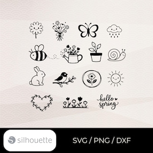 Könnte beinhalten: Schwarz-weiße Illustrationen zum Thema Frühling. Enthält eine lächelnde Blume, einen Blumenstrauß, einen Schmetterling, eine Regenwolke, eine Biene, eine Gießkanne, eine Topfpflanze, eine Schnecke, ein Kaninchen, einen Vogel, eine Sonne und den Text "hello spring".