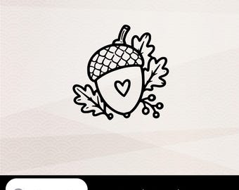 どんぐりとハートのSVG、秋のプロッターファイル、秋の葉のモチーフ、SVG PNG dxf、Cricut Silhouetteダウンロード