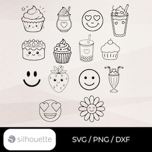 Könnte beinhalten: Schwarz-Weiß-Illustrationen verschiedener Desserts und Emojis. Das Bild zeigt Cupcakes, Kuchen, Milchshakes, Bubble Tea und Smileys. Am unteren Rand des Bildes steht der Text "SVG / PNG / DXF" und das Silhouette-Logo.