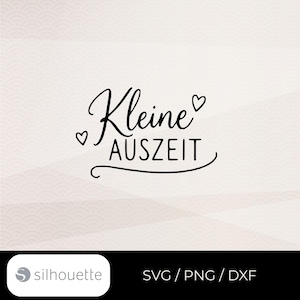 May include: A black digital graphic design featuring the German text Kleine AUSZEIT in a combination of cursive and sans-serif fonts. The design includes two small heart icons and a decorative curved line underneath the text on a light background.