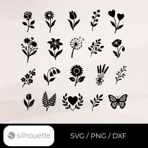 Könnte beinhalten: Schwarze florale Silhouette-Designs, darunter eine Rose, eine Gänseblümchen, eine Tulpe und eine Sonnenblume. Weitere Designs sind ein Schmetterling, Zweige und ein herzförmiger Kranz. Der Text "SVG / PNG / DXF" ist ebenfalls enthalten.