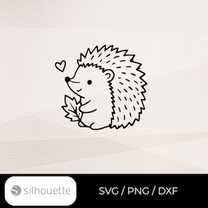 May include: A black and white line art illustration of a small hedgehog facing left, holding a single leaf with a small heart shape floating above its head. The design is presented as a digital graphic file with the text SVG, PNG, DXF below.