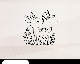 蝶と子鹿のSVG、かわいい横たわる鹿、森の動物のプロッターファイル、SVG PNG dxf Cricut Silhouette