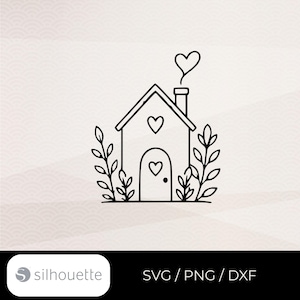 May include: A black line art illustration of a house with a heart-shaped window, a heart-shaped door detail, and a chimney emitting a heart-shaped smoke plume. The house is flanked by two leafy branches on either side, presented as a digital graphic.