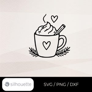 May include: A black and white line art illustration of a mug filled with whipped cream, a cinnamon stick, and steam. The mug features a heart icon on the front, and the entire design is framed by two pine branches at the base with a heart above.