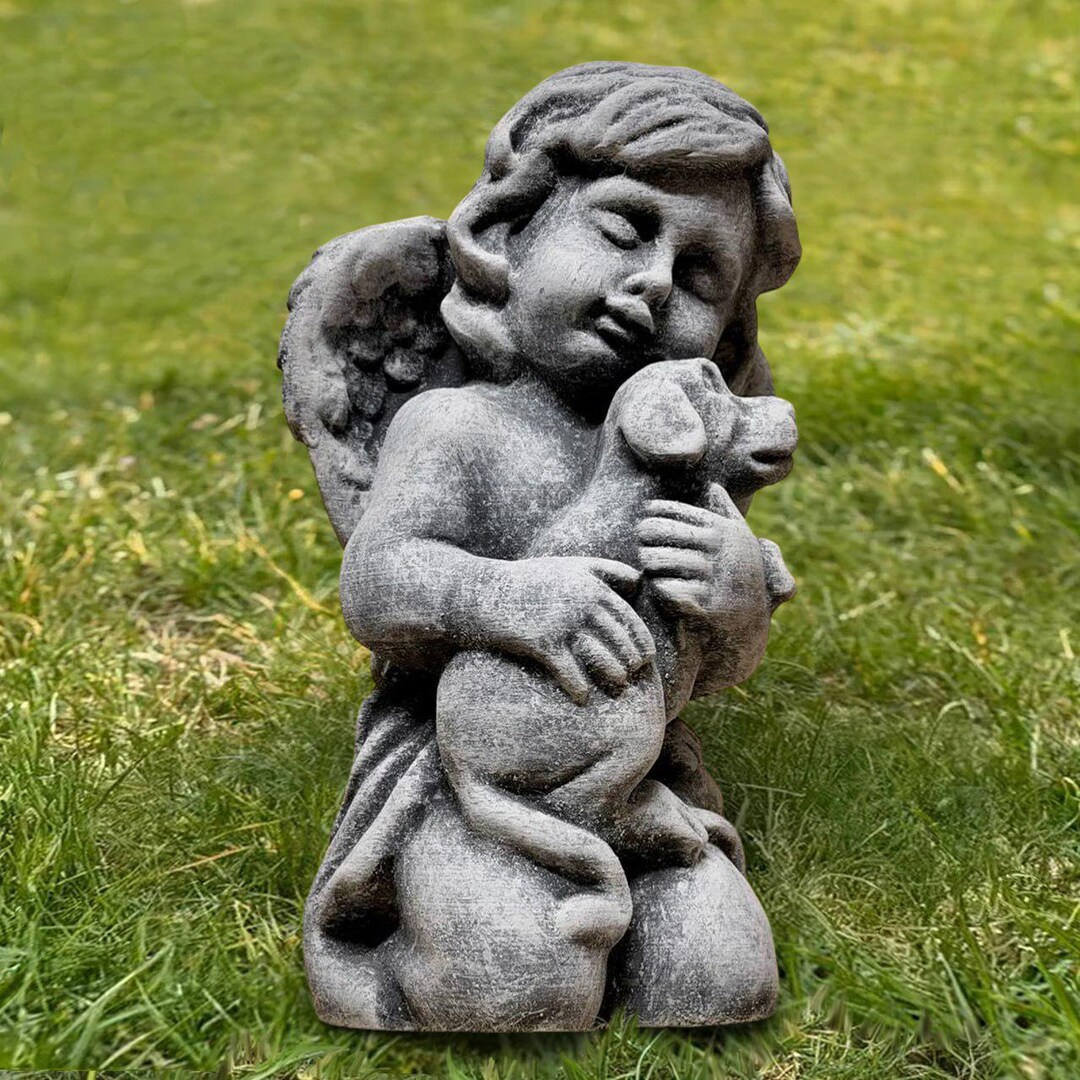 Cherub Garden Statue Hugging Puppy Cement Baby Angel Figurine Outdoor ...