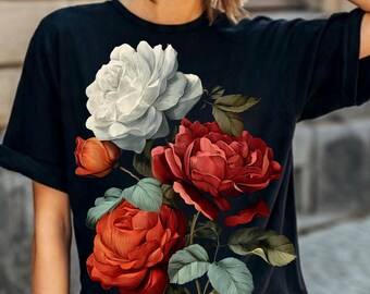 Trendy Botanical Roses T-Shirt | Red White Rose Illustration Tee