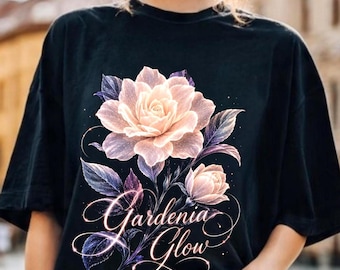 Modern Gardenia Bloom T-Shirt |  Trendy Flower Glow Line Design Tee Top