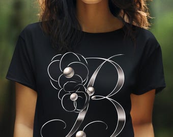 Pearl Letter B Floral Tee, Monogram Initial Shirt, Chic Boutique Top