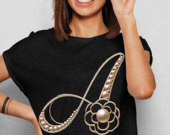Pearl Letter A Shirt, Gold Silver Initial Tee, Elegant Floral Monogram, Modern Gift for Her