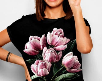 Koszulka z wiosennymi tulipanami, nowoczesna, botaniczna, jasnoróżowa koszulka z kwiatowym wzorem