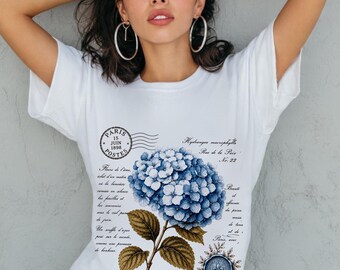 Blue Hydrangea Shirt, Modern Botanical T-Shirt, French Garden Floral Tee