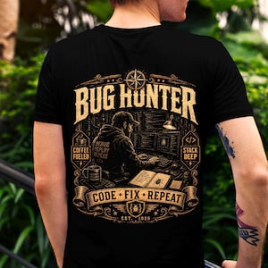 Bug Hunter Programmer Back Print T-Shirt | Code Fix Repeat Tech Graphic Tee