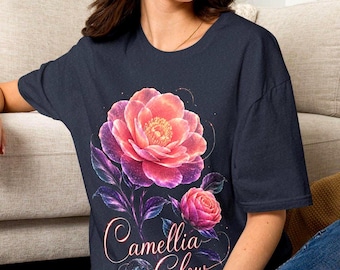 Modern Camellia Glow Design Art Tee | Stylish Botanical Graphic Design T-Shirt Top
