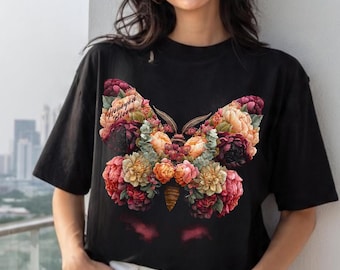 Romantic Floral Shirt, Butterfly Graphic Tee, Nature Lover Gift, Cottagecore Style Top