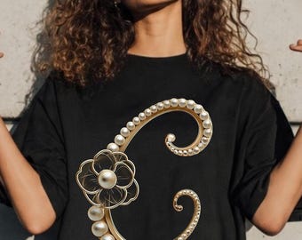 Pearl Letter C Shirt, Elegant Initial Tee, Gold Silver Floral Monogram, Feminine Birthday Gift