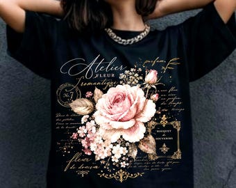 Paris Inspired Rose Flower Shirt, Romantic Floral Tee, Modern Botanical T-Shirt for Women