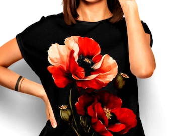 Trendy Floral Design Shirt Women | Red Poppy Botanical Tee