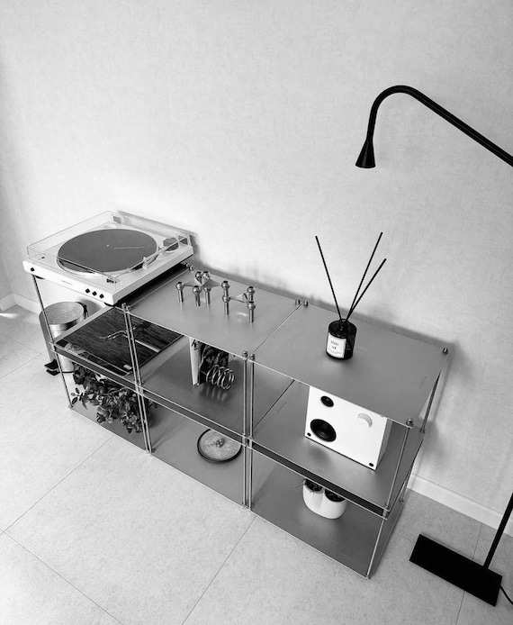 Modular Stainless Steel Console, Brushed Metal Media Unit, Industrial TV Stand, Minimalist Low Furniture